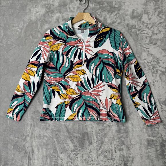 T by Talbots Pullover Women SP Petite Multicolor Leaf Print UPF 50+ Half Zip Top - Picture 1 of 10